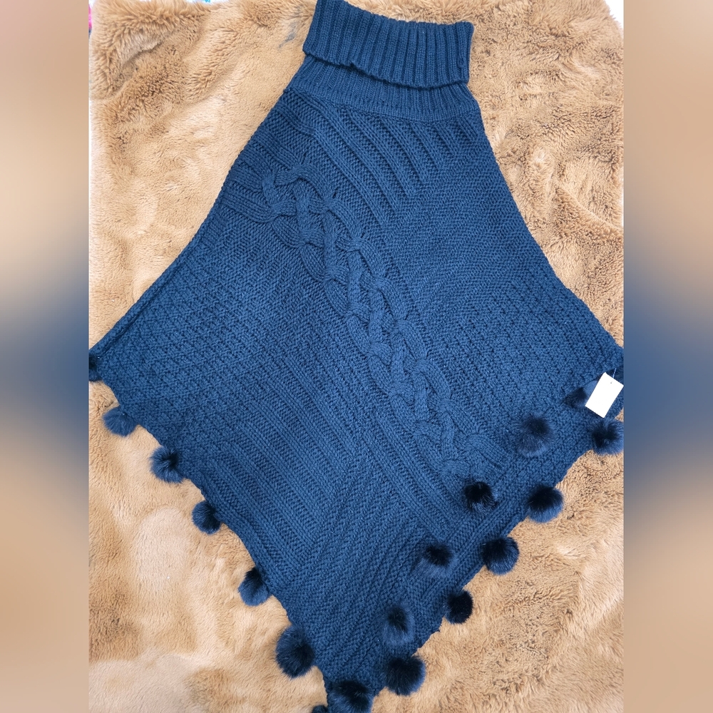🆕️ Womens (OS, Black Cable Knit Poncho with Pom Poms